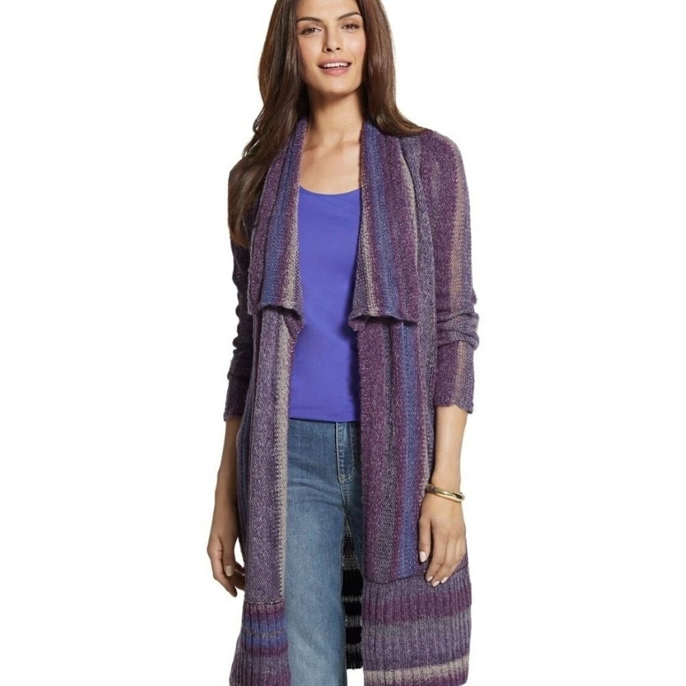 Chico's Long Open Front Drape Stripe Cardigan Purple metallic Medium